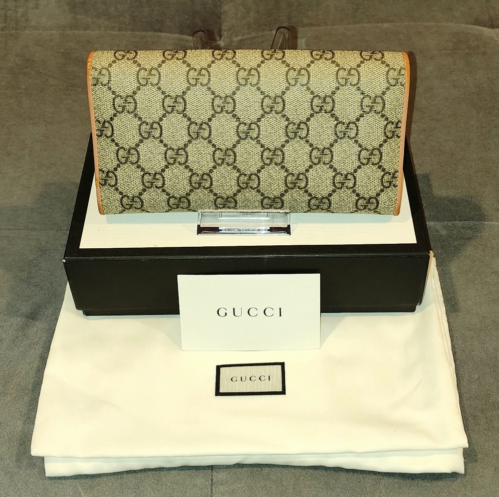 GUCCI GG SUPREME RIBBON FLAP MONGRAM SNAP BI-FOLD LONG WALLET WITH DUSTBAG & BOX - Picture 8 of 17